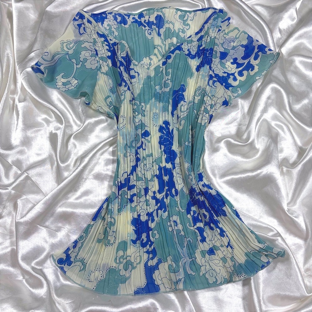 y2k Pleated Blouse Blue Excellent Floral Cloud Print V-Neck Flutter Sleeve Top